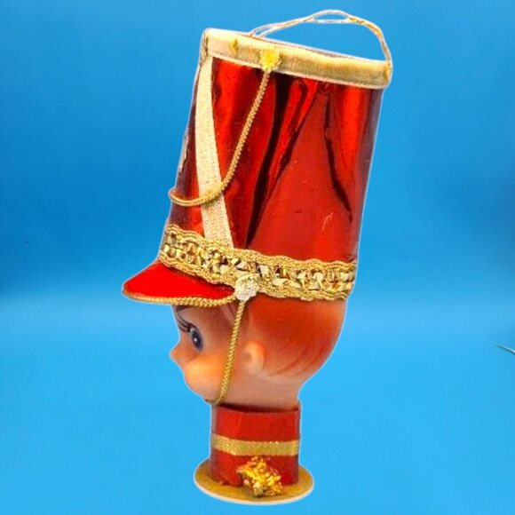 Vintage 1950s Toy Soldier Ornament • Red Foil Hat • Blowmold Head• Gold Foil Tri - Picture 4 of 8